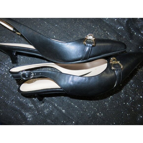 Horsebit Accent Black Vegan Leather Kitten Heel Slingbacks sz 35 or US 5 - Picture 6 of 10